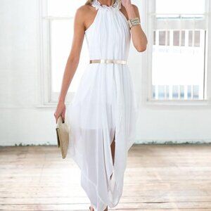 Women's Sheer Chiffon Folds Hi Low Loose Dress Delicate Gold Belt